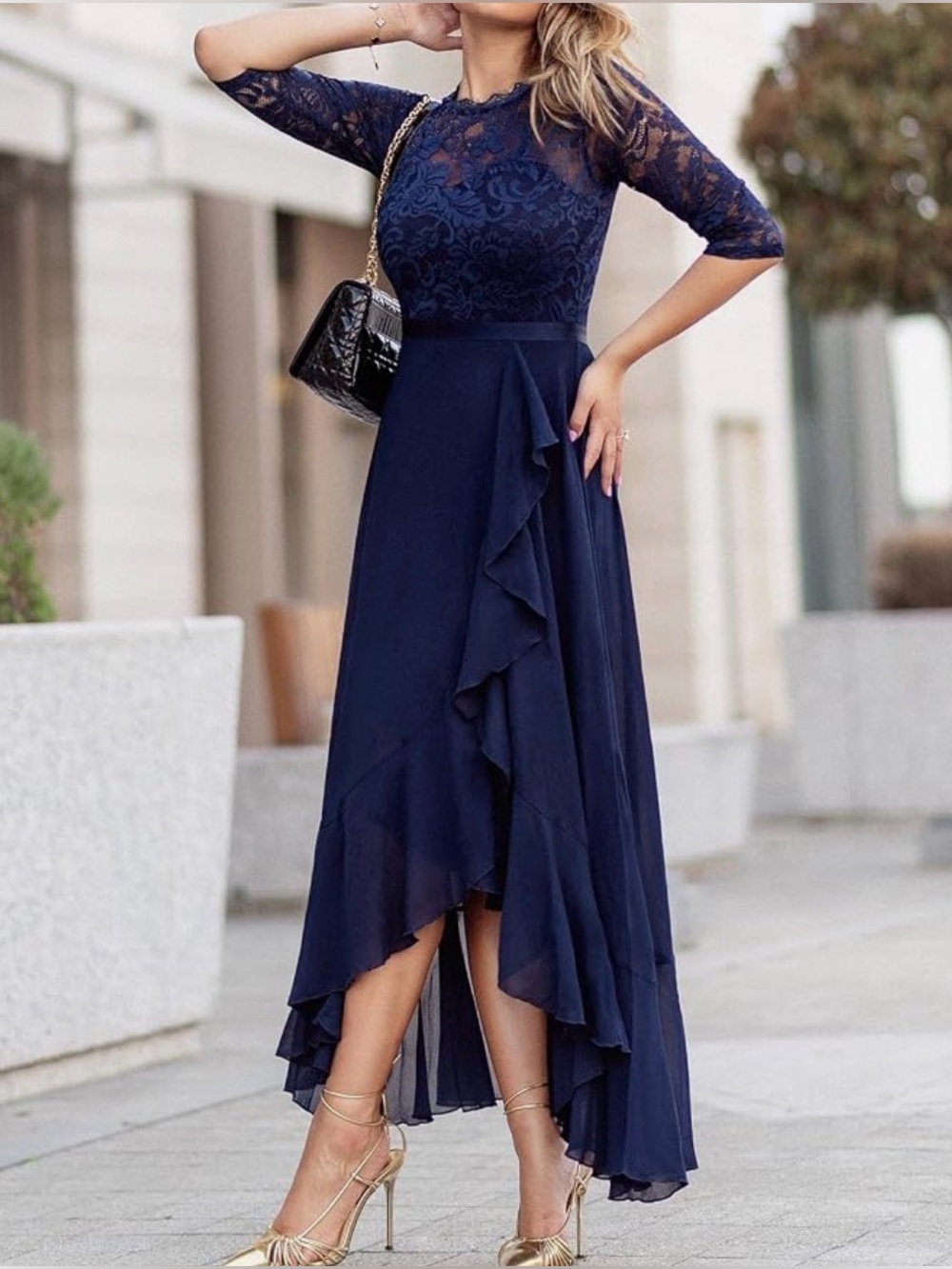 Elegant Navy Lace High-Low Dress